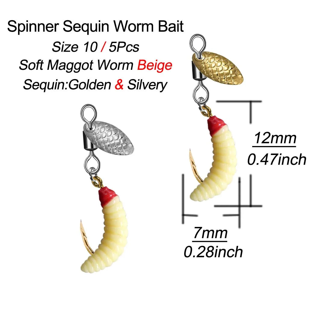 5Pcs/10Pcs Spinner Sequin Worm Bait Flies Fishing Lure Hook For Trout/Steelhead/Salmon/Bass