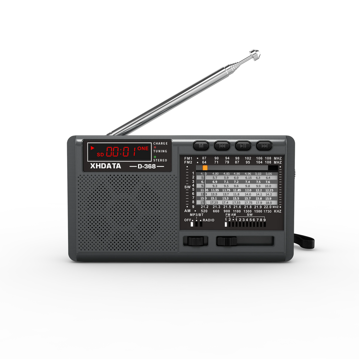 XHDATA D-368 Portable Stereo Radio FM AM SW MP3 Player with Bluetooth TF Card USB Playback 4Ω 3W Speaker Rechargeable Battery