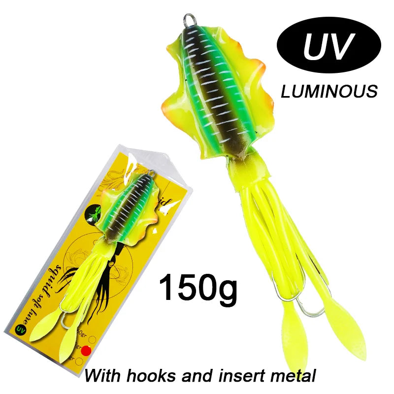 60g120g150g Silicone Soft Artificial Rubber Luminous UV Squid Jig Fishing Lures For Sea Fishing Trolling Wobbler Bait