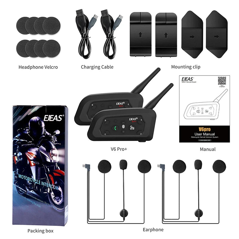 EJEAS Motorcycle Intercom V6 PRO+ Helmet 6 Riders 800m Communicator Waterproof V5.1 Music Player Interphone Bluetooth Headset