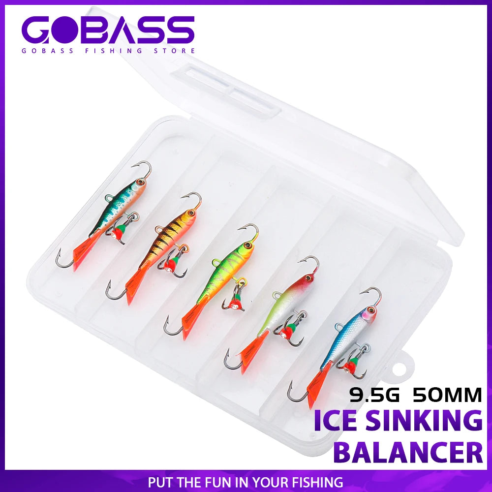 GOBASS 5pcs 50mm 9.5g Winter Ice Fishing Lures Balancer 3D Eyes Jig Bait Artificial Hard Lures Jigging Balanced Bait Wobbler Set