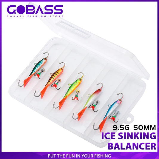 GOBASS 5pcs 50mm 9.5g Winter Ice Fishing Lures Balancer 3D Eyes Jig Bait Artificial Hard Lures Jigging Balanced Bait Wobbler Set