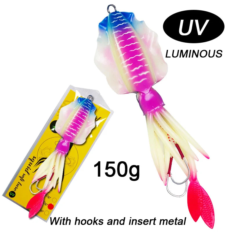 60g120g150g Silicone Soft Artificial Rubber Luminous UV Squid Jig Fishing Lures For Sea Fishing Trolling Wobbler Bait