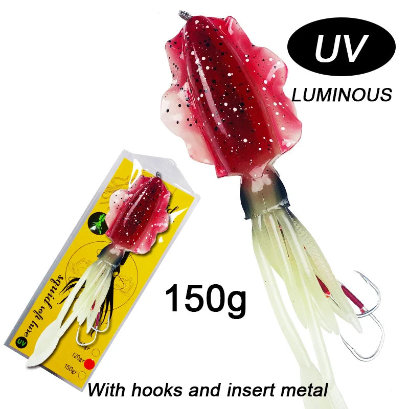 60g120g150g Silicone Soft Artificial Rubber Luminous UV Squid Jig Fishing Lures For Sea Fishing Trolling Wobbler Bait