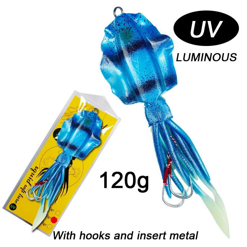 60g120g150g Silicone Soft Artificial Rubber Luminous UV Squid Jig Fishing Lures For Sea Fishing Trolling Wobbler Bait
