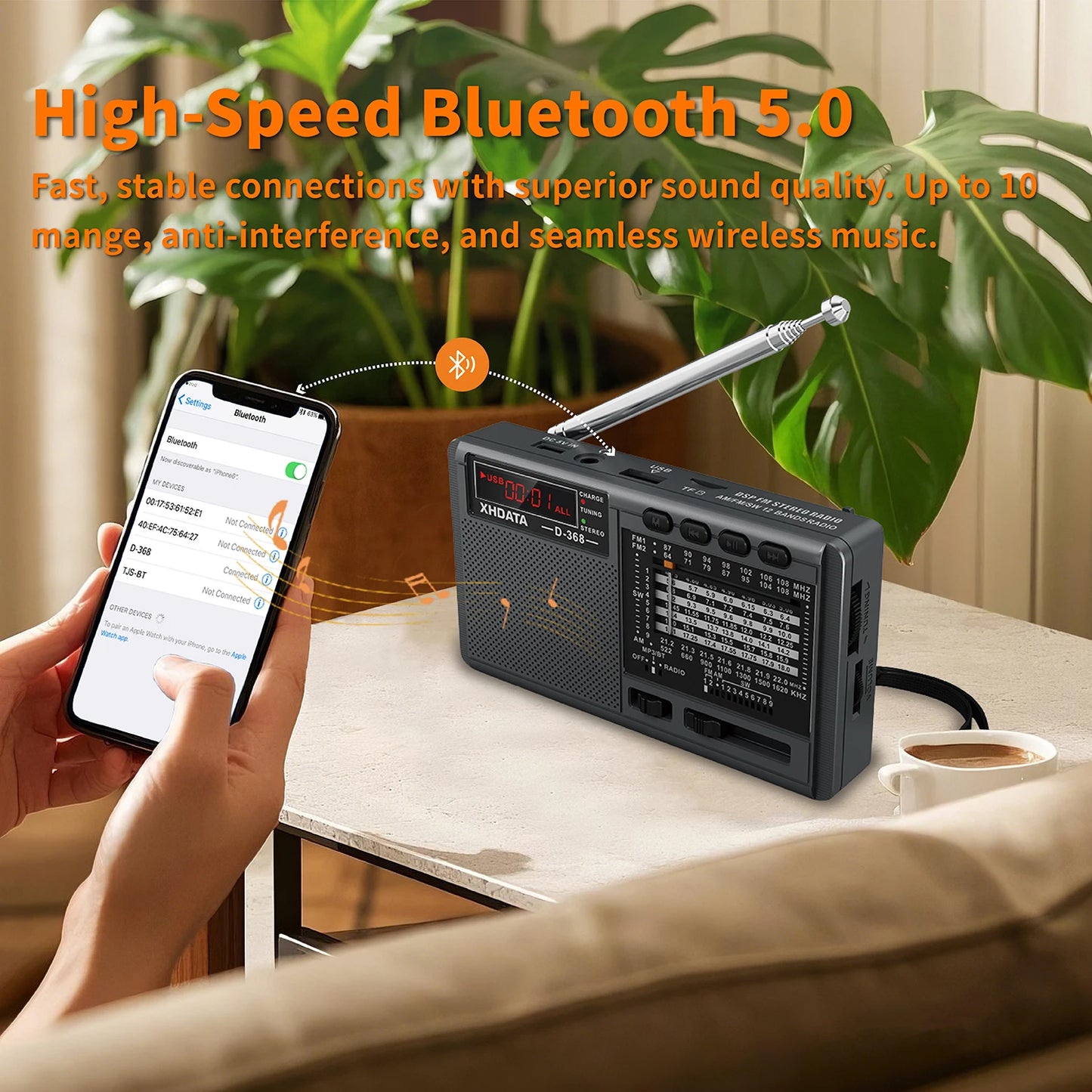 XHDATA D-368 Portable Stereo Radio FM AM SW MP3 Player with Bluetooth TF Card USB Playback 4Ω 3W Speaker Rechargeable Battery