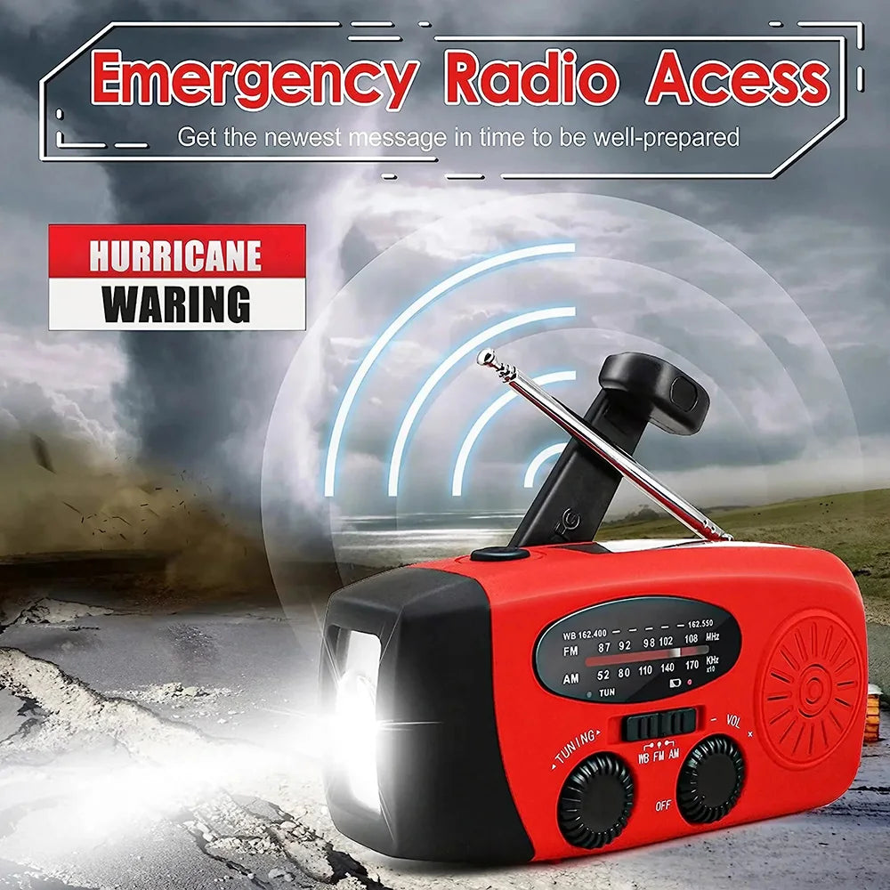 Solar Hand Crank Powered Camping Light with AM/FM Radio Outdoor 2000mAh USB Charging Multifunctional Hand Dynamo LED Flashlight