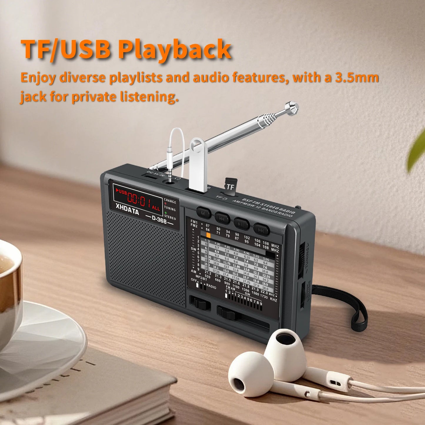 XHDATA D-368 Portable Stereo Radio FM AM SW MP3 Player with Bluetooth TF Card USB Playback 4Ω 3W Speaker Rechargeable Battery