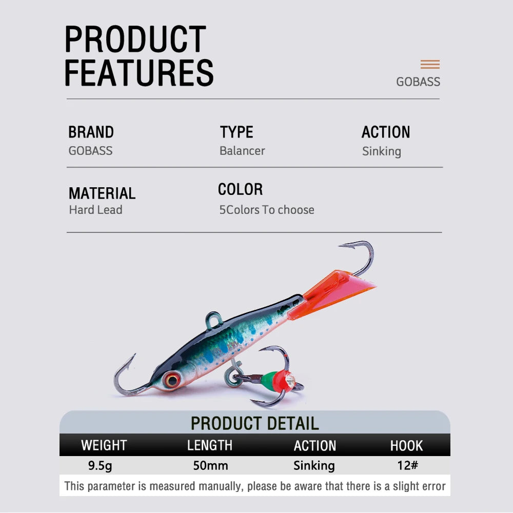 GOBASS 5pcs 50mm 9.5g Winter Ice Fishing Lures Balancer 3D Eyes Jig Bait Artificial Hard Lures Jigging Balanced Bait Wobbler Set