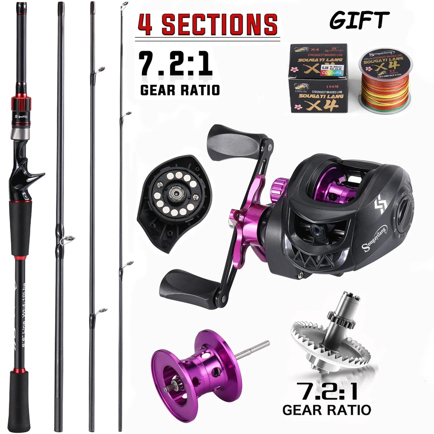 Sougayilang Fishing Rod and Reel Combo Set 1.8~2.1m Carbon Fiber Casting Rod and 7.2:1 Gear Ratio Reel Max Drag 10kg with a Gift