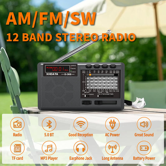 XHDATA D-368 Portable Stereo Radio FM AM SW MP3 Player with Bluetooth TF Card USB Playback 4Ω 3W Speaker Rechargeable Battery