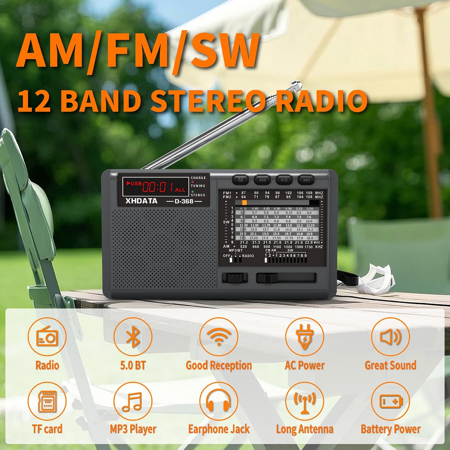 XHDATA D-368 Portable Stereo Radio FM AM SW MP3 Player with Bluetooth TF Card USB Playback 4Ω 3W Speaker Rechargeable Battery