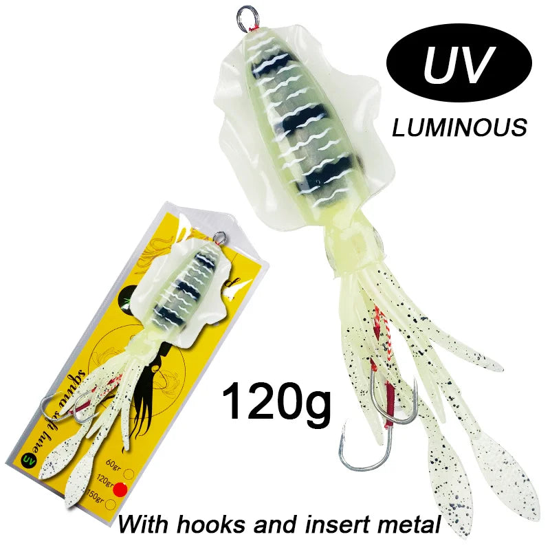 60g120g150g Silicone Soft Artificial Rubber Luminous UV Squid Jig Fishing Lures For Sea Fishing Trolling Wobbler Bait