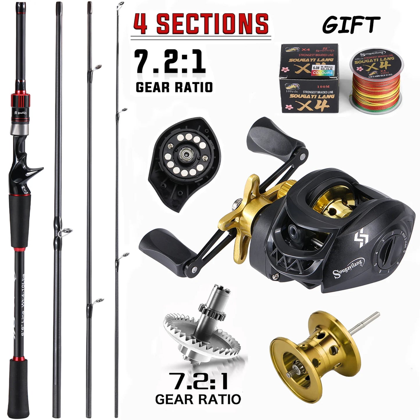 Sougayilang Fishing Rod and Reel Combo Set 1.8~2.1m Carbon Fiber Casting Rod and 7.2:1 Gear Ratio Reel Max Drag 10kg with a Gift