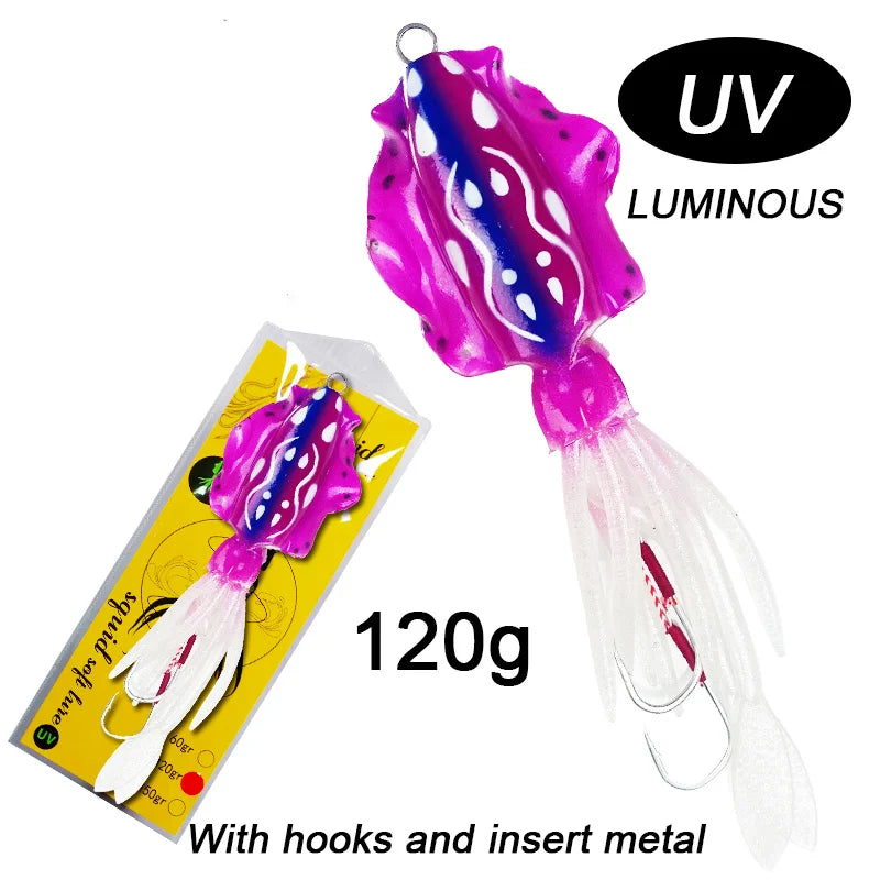 60g120g150g Silicone Soft Artificial Rubber Luminous UV Squid Jig Fishing Lures For Sea Fishing Trolling Wobbler Bait