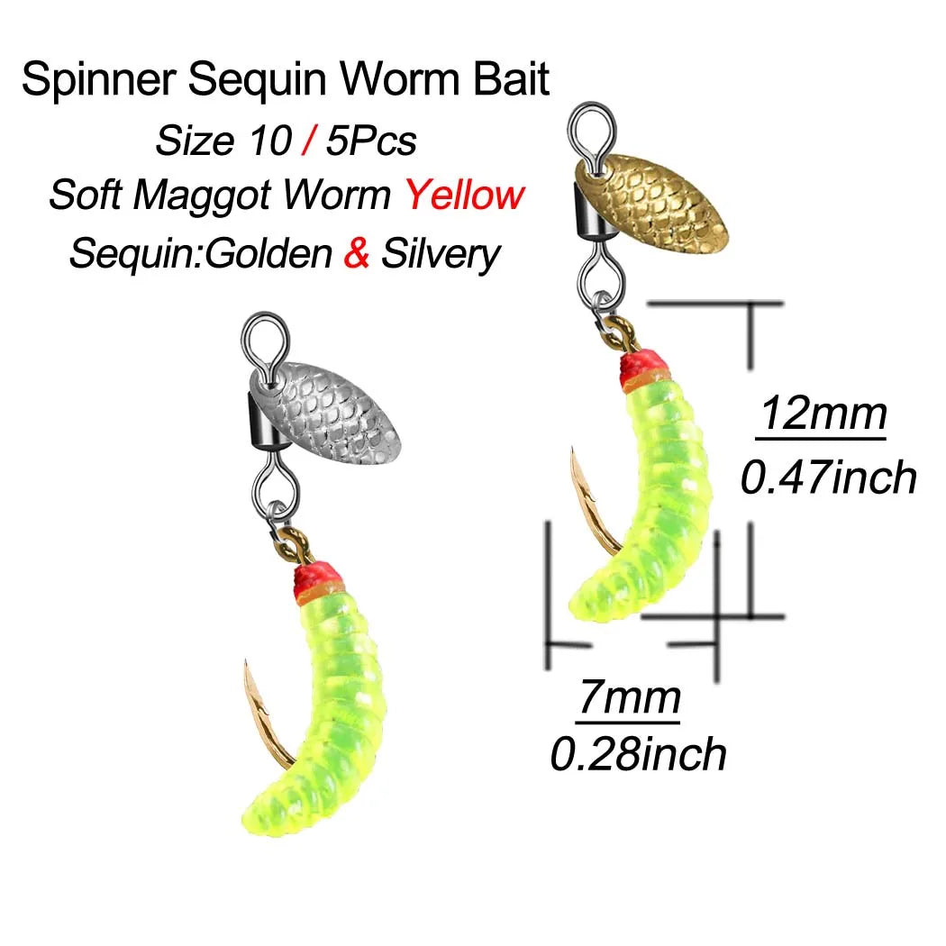 5Pcs/10Pcs Spinner Sequin Worm Bait Flies Fishing Lure Hook For Trout/Steelhead/Salmon/Bass