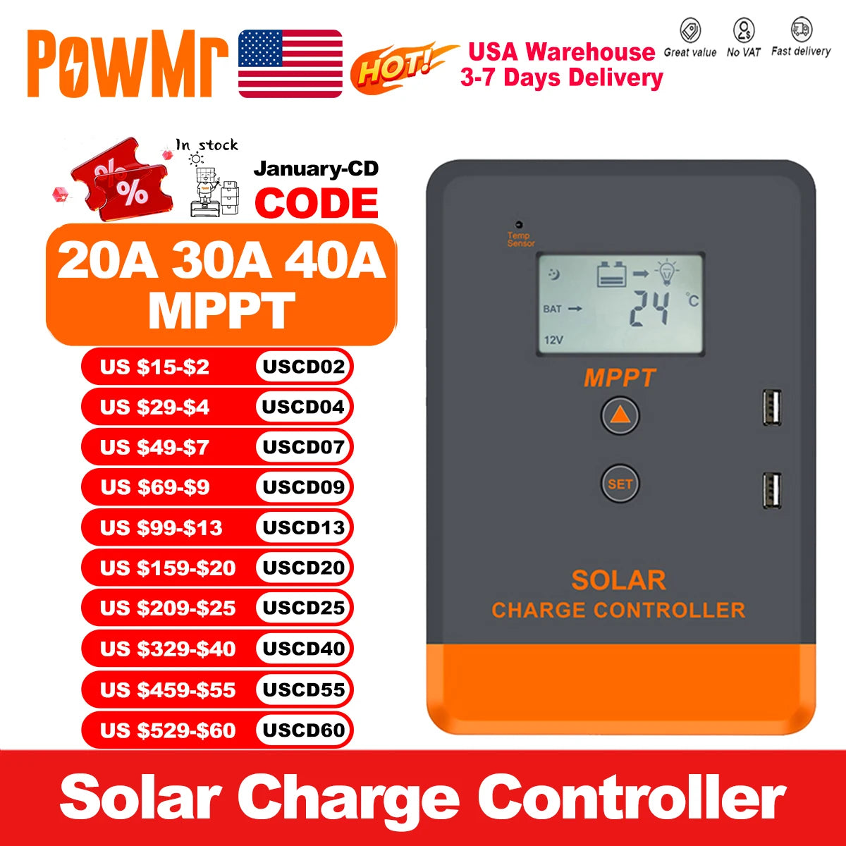 PowMr USA 20A 30A 40A MPPT Solar Charge Controller LCD Display for 12V 24V Power Bank AGM Gel Flooded Lithium Batteries Charger