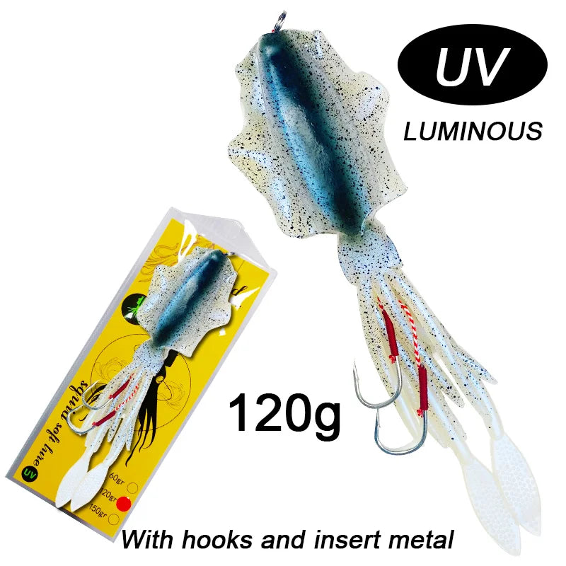 60g120g150g Silicone Soft Artificial Rubber Luminous UV Squid Jig Fishing Lures For Sea Fishing Trolling Wobbler Bait