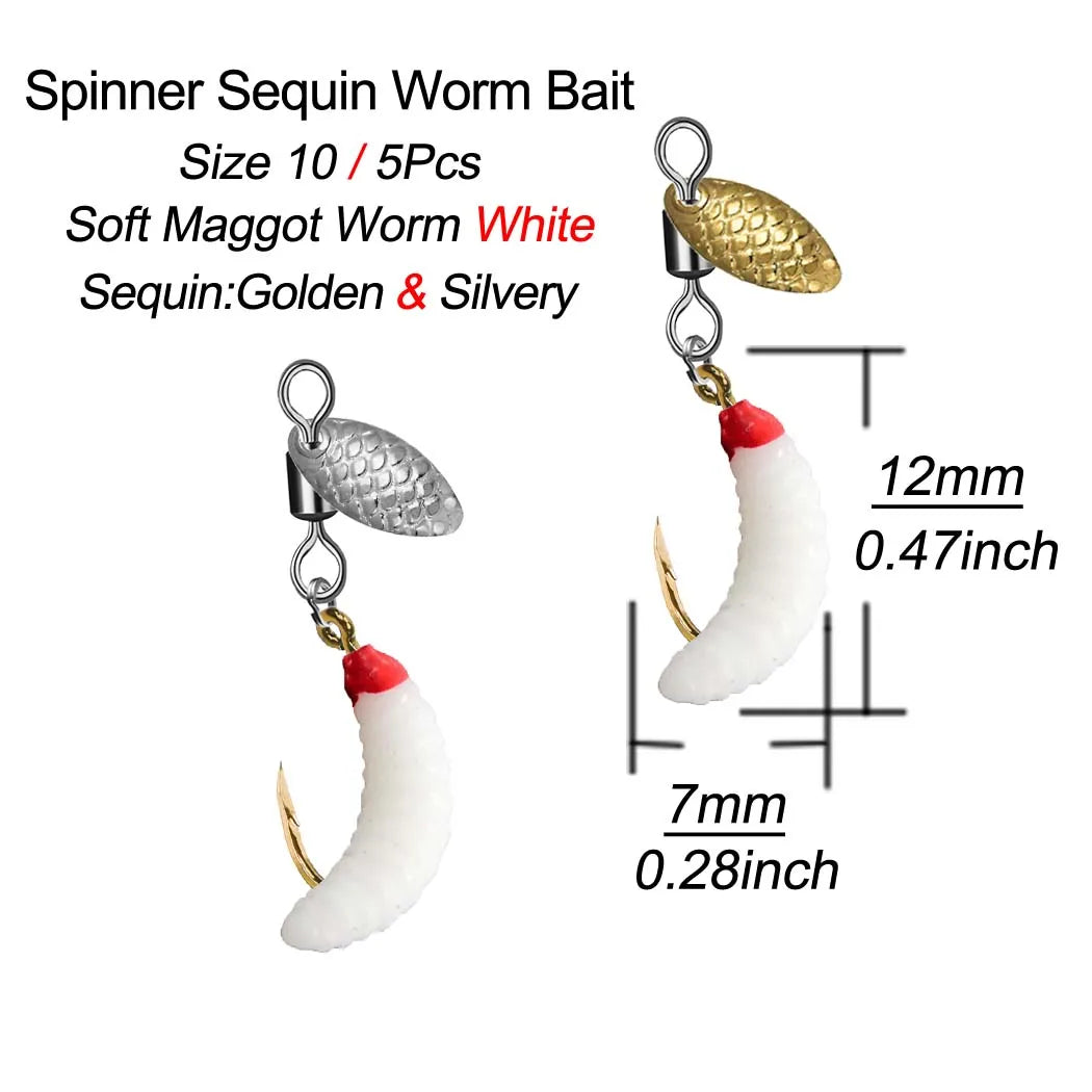 5Pcs/10Pcs Spinner Sequin Worm Bait Flies Fishing Lure Hook For Trout/Steelhead/Salmon/Bass