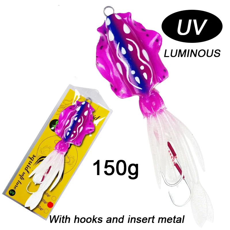 60g120g150g Silicone Soft Artificial Rubber Luminous UV Squid Jig Fishing Lures For Sea Fishing Trolling Wobbler Bait