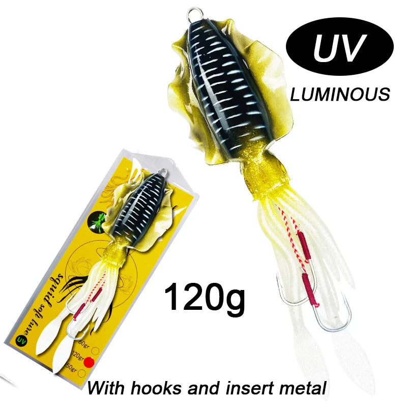 60g120g150g Silicone Soft Artificial Rubber Luminous UV Squid Jig Fishing Lures For Sea Fishing Trolling Wobbler Bait