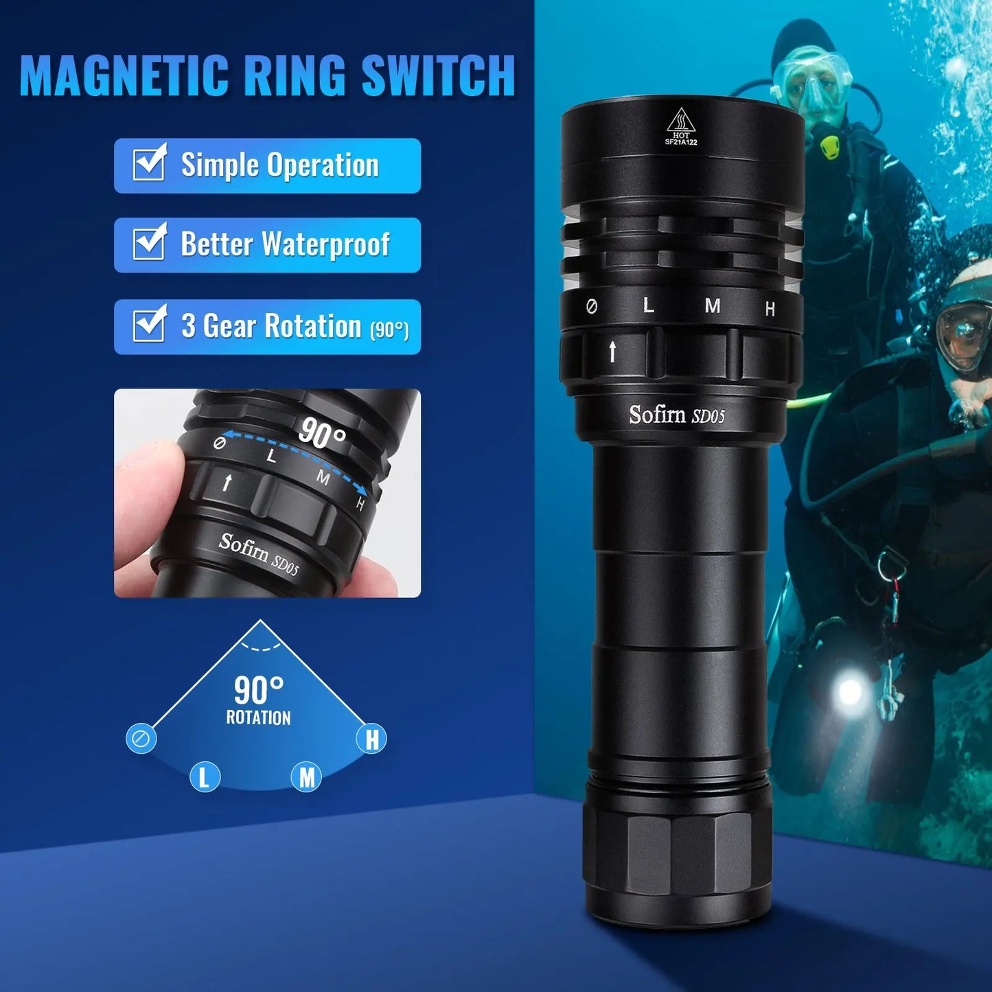 Sofirn SD05 Scuba Diving Flashlight XHP50.2 Super Bright 3000lm 21700 Battery Dive Torch with Magnetic Switch 5000K 6500K