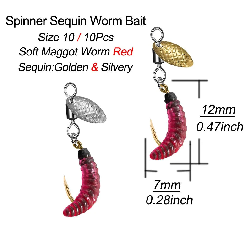 5Pcs/10Pcs Spinner Sequin Worm Bait Flies Fishing Lure Hook For Trout/Steelhead/Salmon/Bass