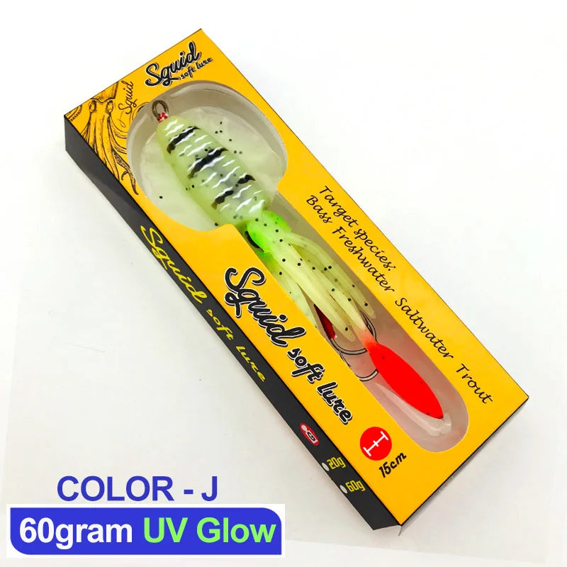 60g120g150g Silicone Soft Artificial Rubber Luminous UV Squid Jig Fishing Lures For Sea Fishing Trolling Wobbler Bait