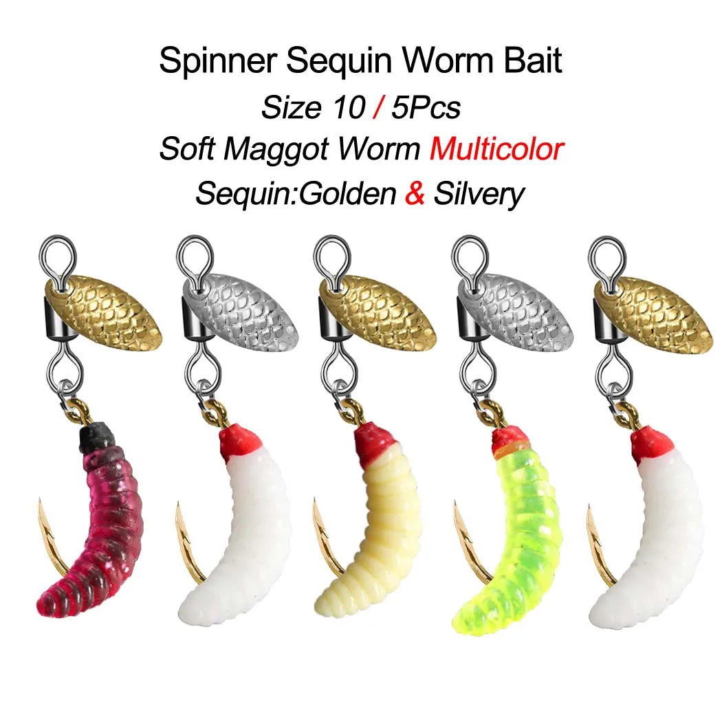 5Pcs/10Pcs Spinner Sequin Worm Bait Flies Fishing Lure Hook For Trout/Steelhead/Salmon/Bass