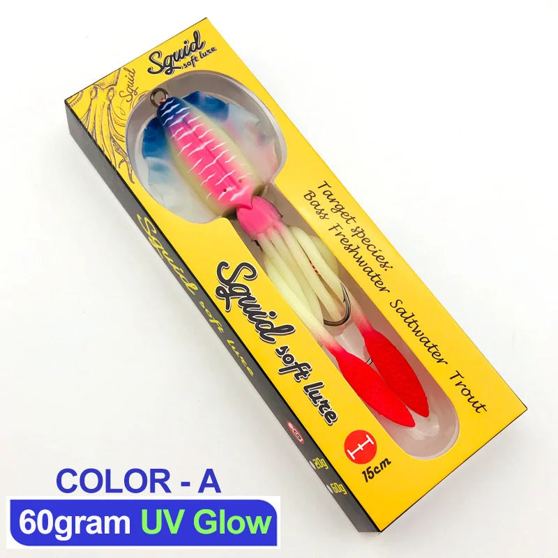 60g120g150g Silicone Soft Artificial Rubber Luminous UV Squid Jig Fishing Lures For Sea Fishing Trolling Wobbler Bait