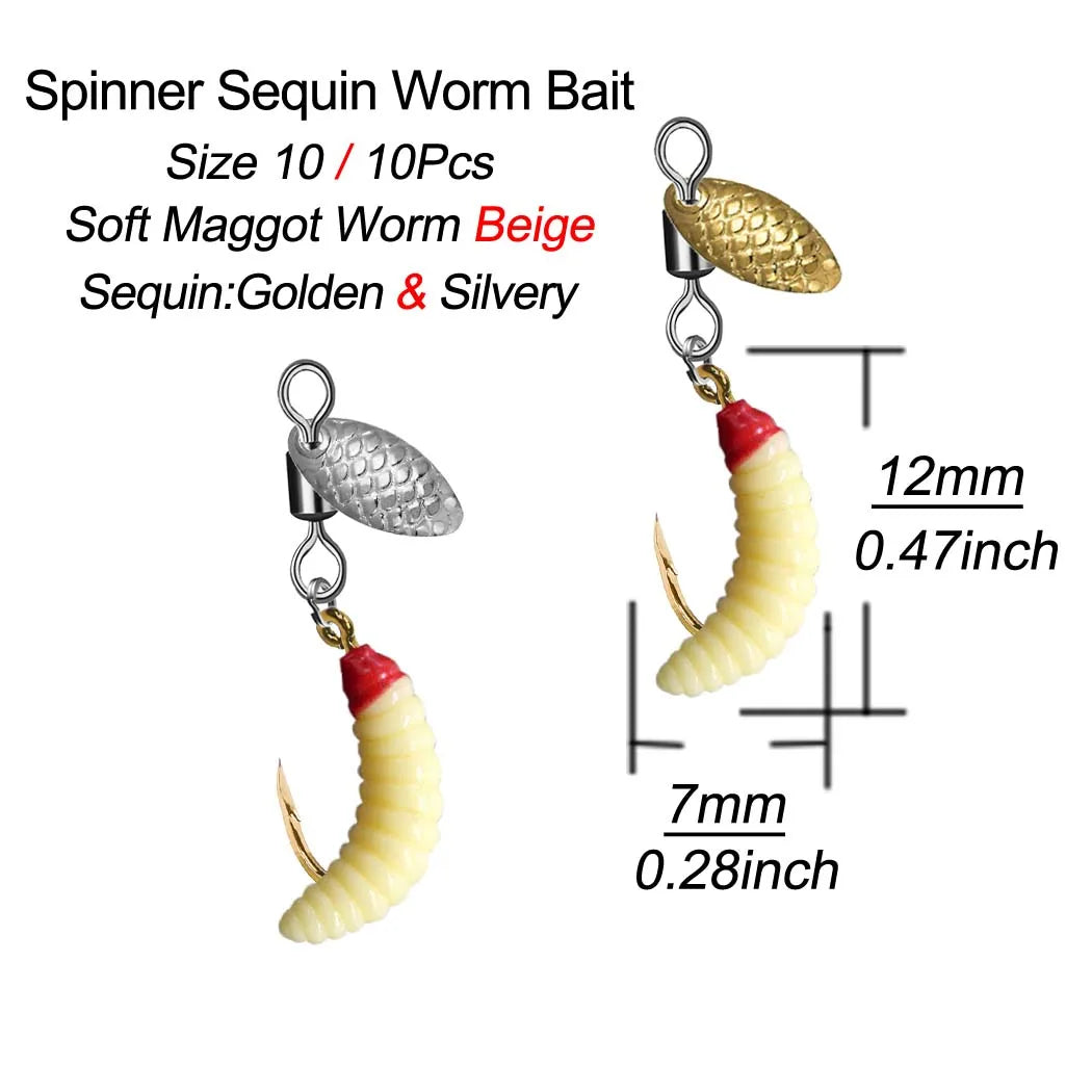 5Pcs/10Pcs Spinner Sequin Worm Bait Flies Fishing Lure Hook For Trout/Steelhead/Salmon/Bass