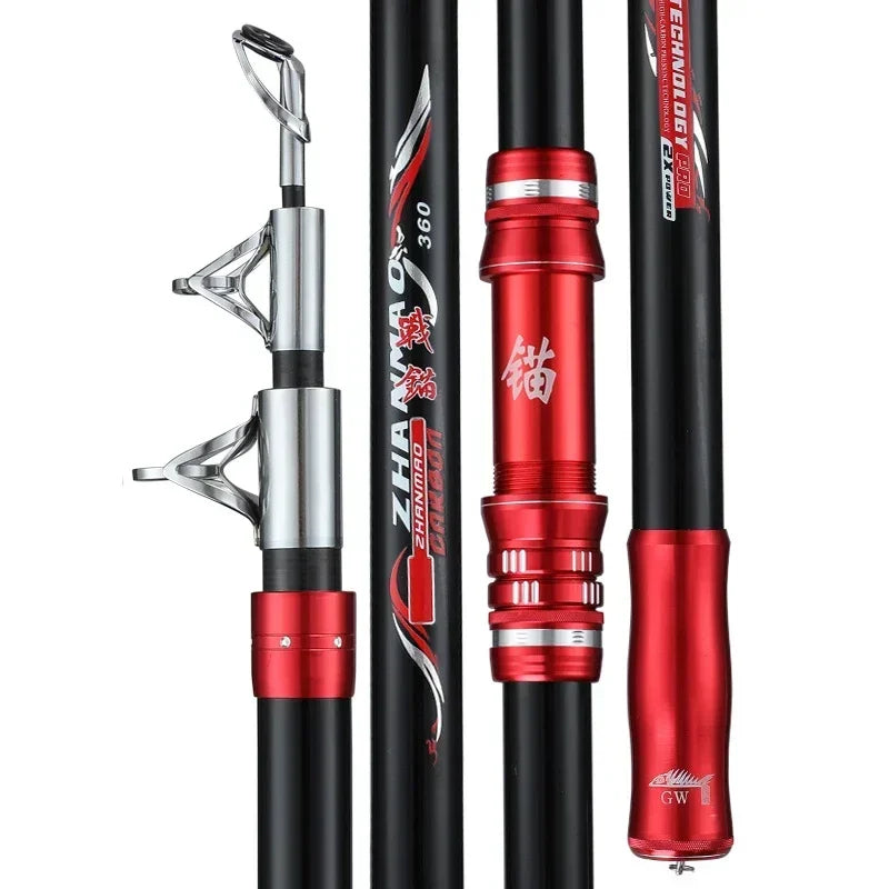 2.4M-4.5M Carbon Fishing Rod 50kg Catch Big Fish Superhard Long Distance Throwing Shot Rod Heavy Bait Telescopic Sea Boat Rod