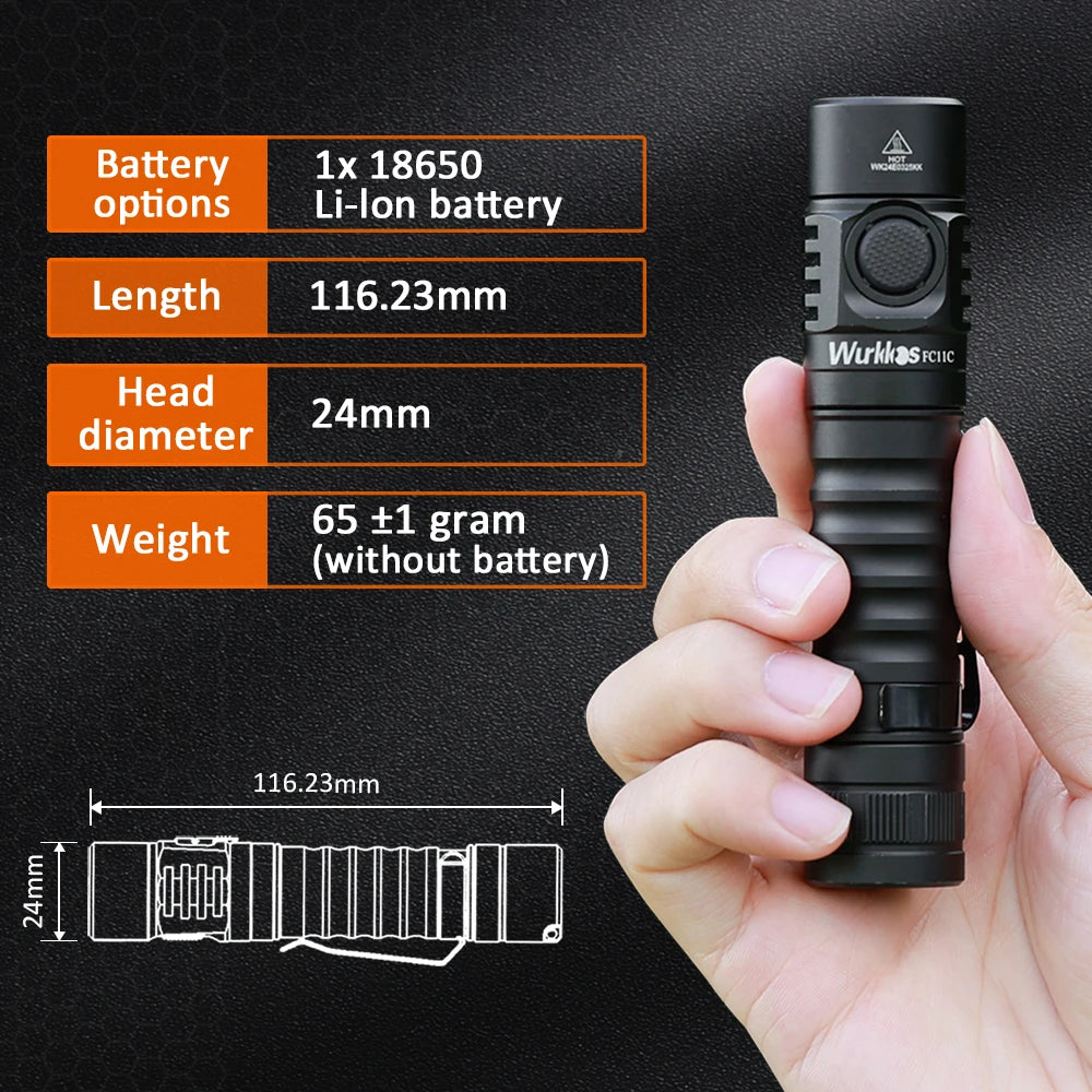 Wurkkos FC11C Nichia 519A Buck Circuit Hiking 18650 Flashlight Max output 1200 LM USB C Rechargeable EDC Torch