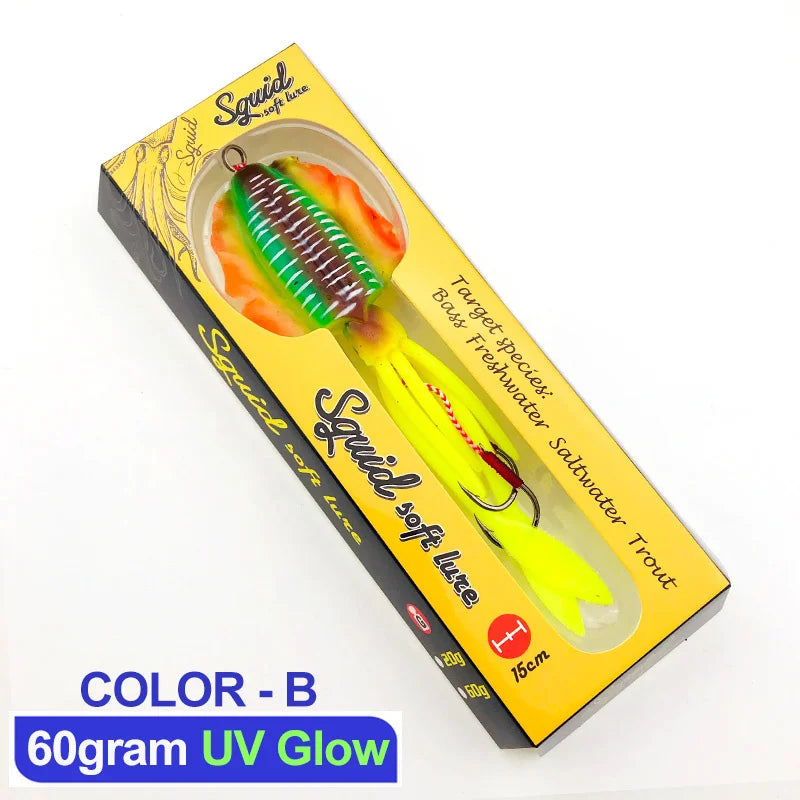 60g120g150g Silicone Soft Artificial Rubber Luminous UV Squid Jig Fishing Lures For Sea Fishing Trolling Wobbler Bait