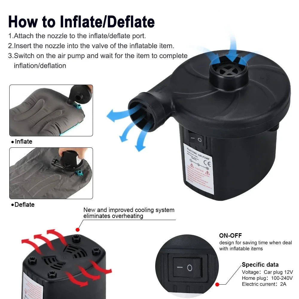 Electric Air Pump High Pressure Fast Inflation Deflation for Air Mattress Inflatable Boat Pool Floats Outdoor Portable Pump