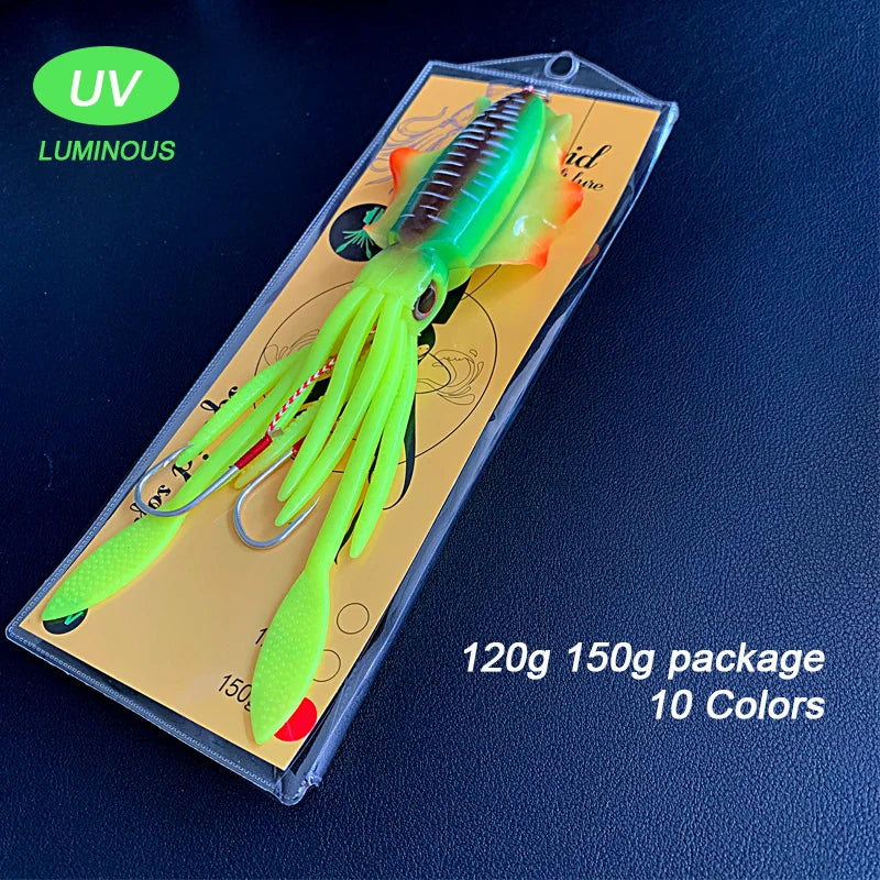 60g120g150g Silicone Soft Artificial Rubber Luminous UV Squid Jig Fishing Lures For Sea Fishing Trolling Wobbler Bait