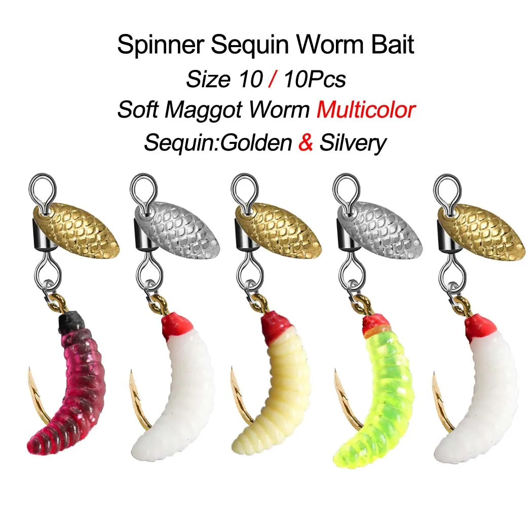 5Pcs/10Pcs Spinner Sequin Worm Bait Flies Fishing Lure Hook For Trout/Steelhead/Salmon/Bass