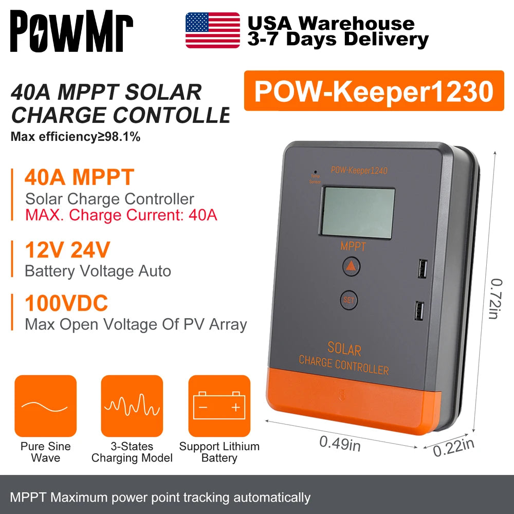 PowMr USA 20A 30A 40A MPPT Solar Charge Controller LCD Display for 12V 24V Power Bank AGM Gel Flooded Lithium Batteries Charger